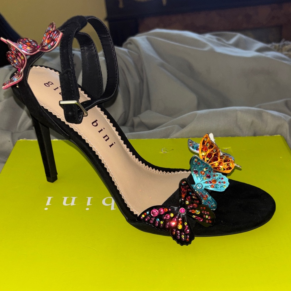 Gianni Bini Black Suede High Heel Sandal with Multicolor Jeweled Butterflies